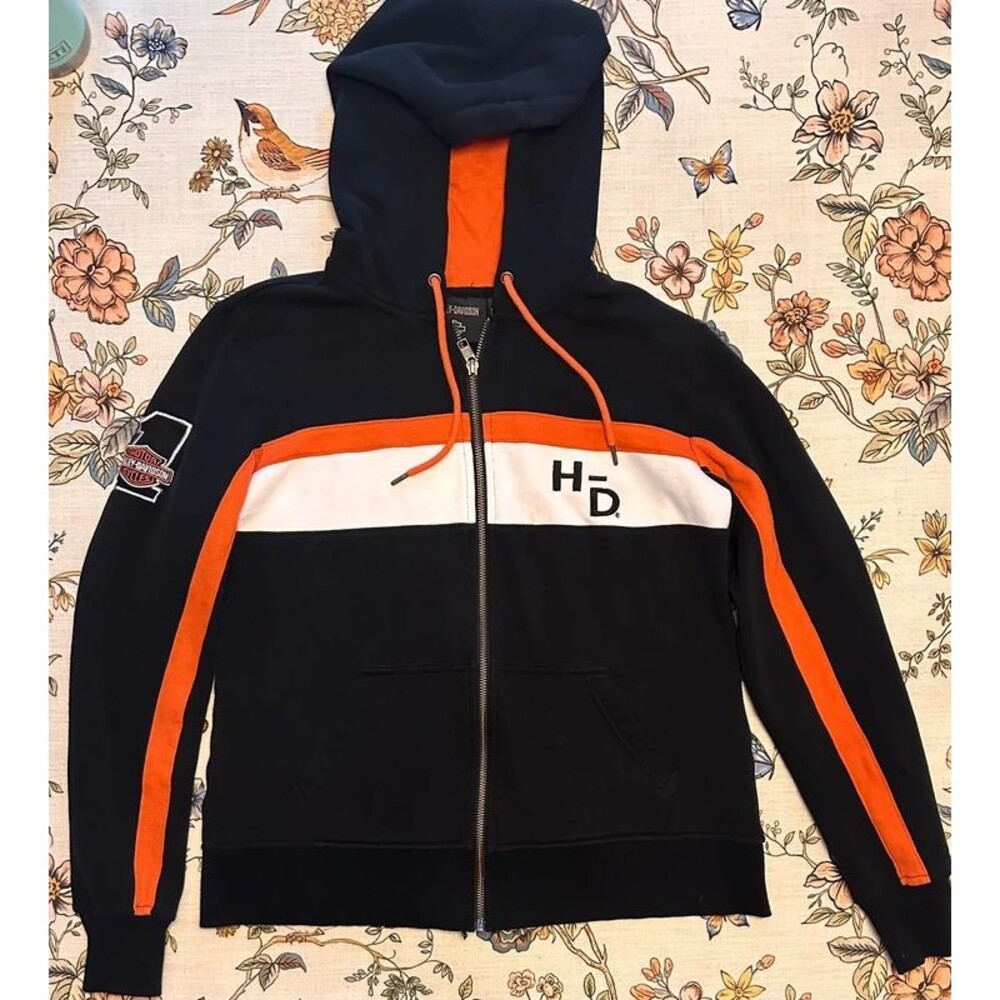 Vintage Harley-Davidson Women's Zip-Up Hoodie - Black/Orange/White